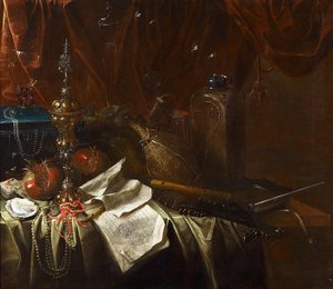 Still Life with Musical Instruments, Sheet Music, Pomegranates, Wine, Römer and a Goblet